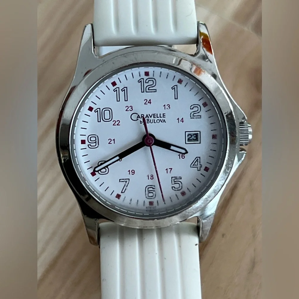 Caravelle by Bulova Ladies Watch White Silicone Bracelet White Dial Date Window - Picture 1 of 13